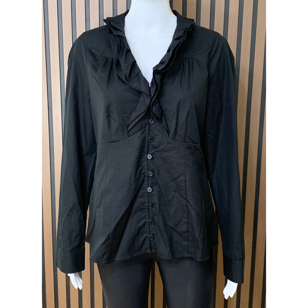 Talbots Women's Black Cotton Ruffle V-Neck Button Down Blouse Size 12 Dobby Dot